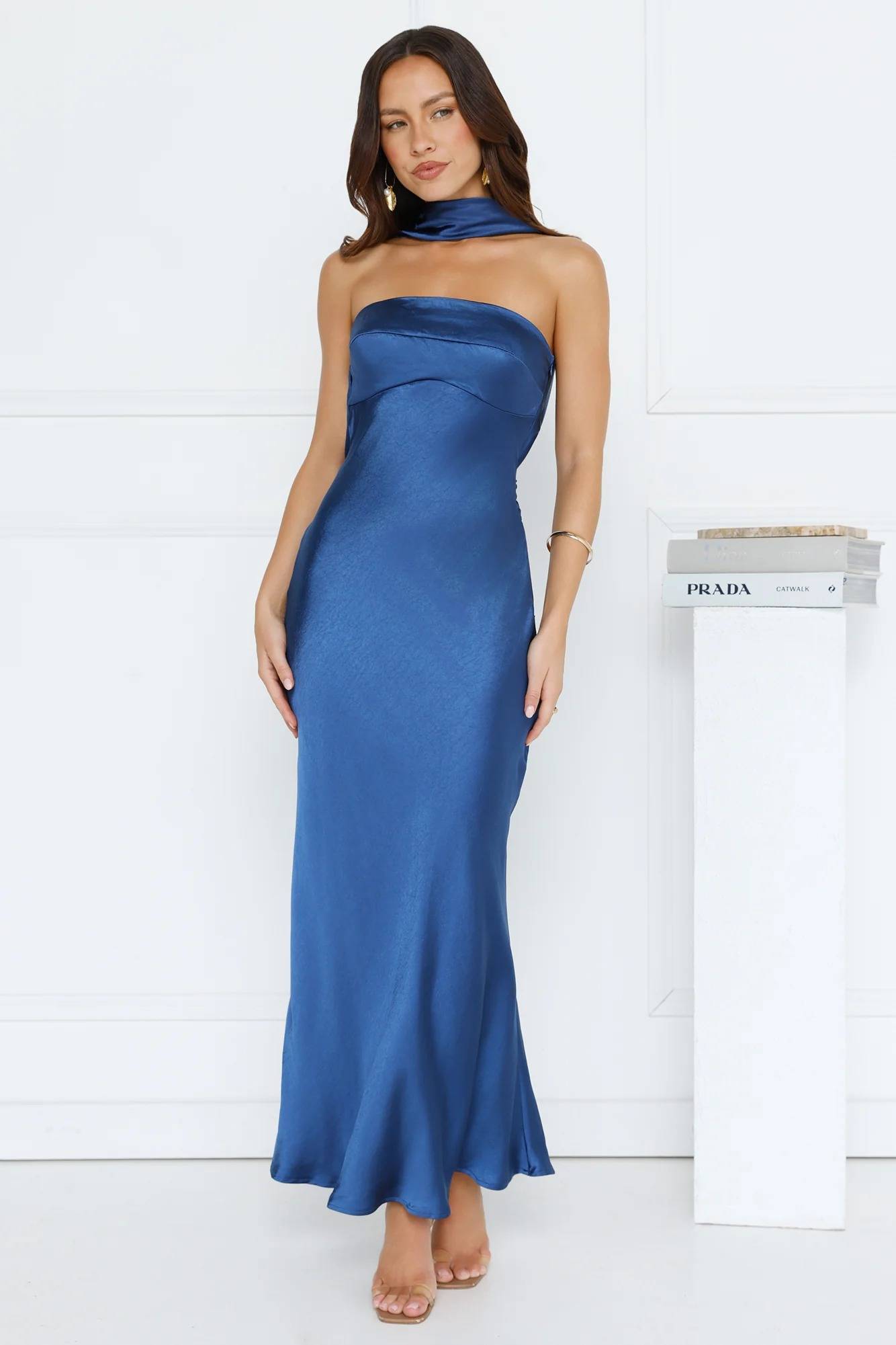 Precious Pearl Satin Maxi Dress Navy  GEMMACHIC