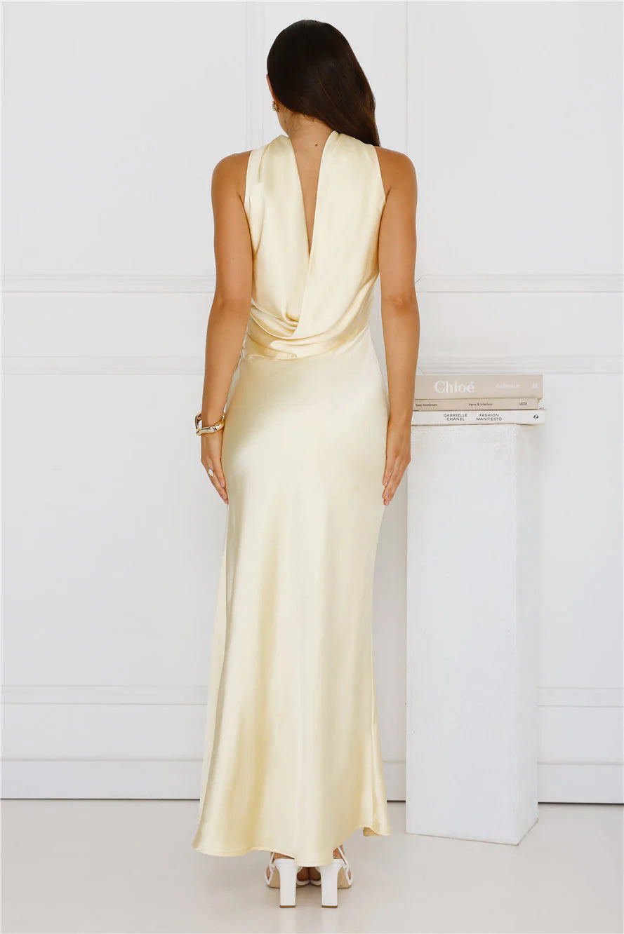 Precious Pearl Satin Maxi Dress Yellow  GEMMACHIC