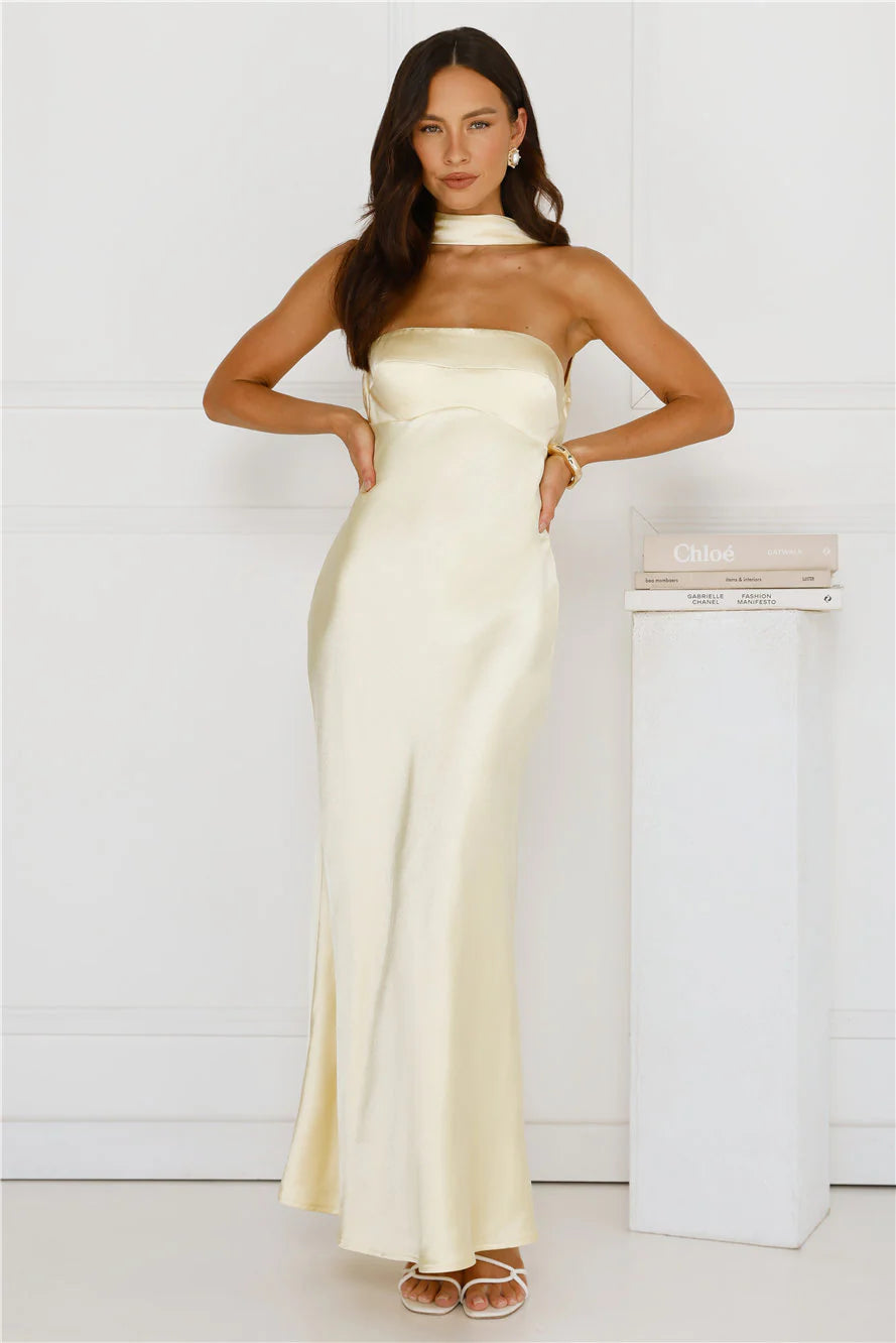 Precious Pearl Satin Maxi Dress Yellow  GEMMACHIC