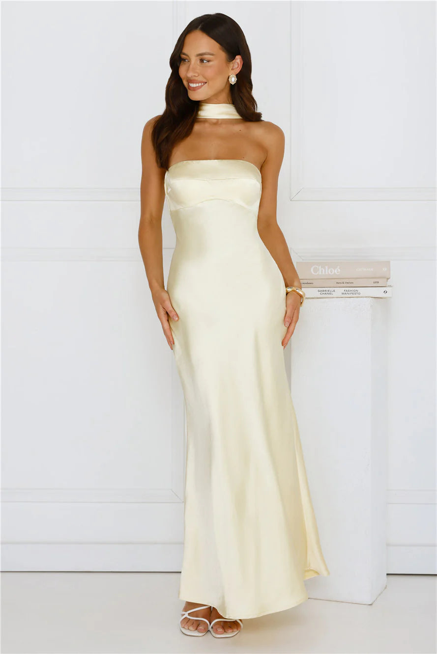Precious Pearl Satin Maxi Dress Yellow  GEMMACHIC