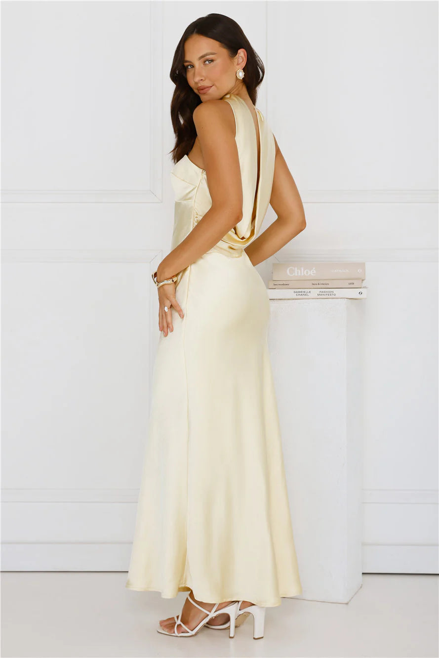 Precious Pearl Satin Maxi Dress Yellow  GEMMACHIC