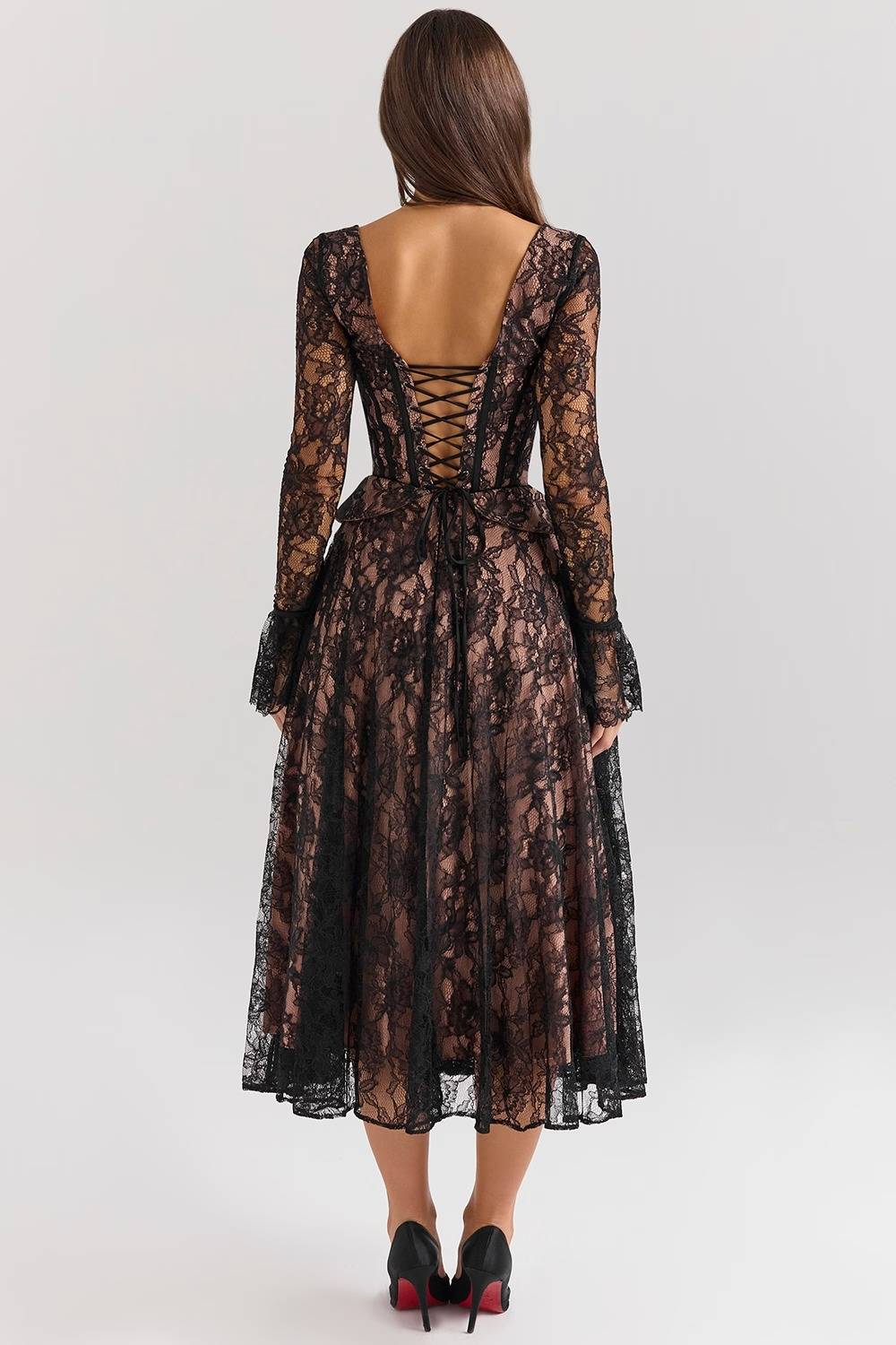 RAQUEL Black Lace Corset Midi Dress  Gemma Chic