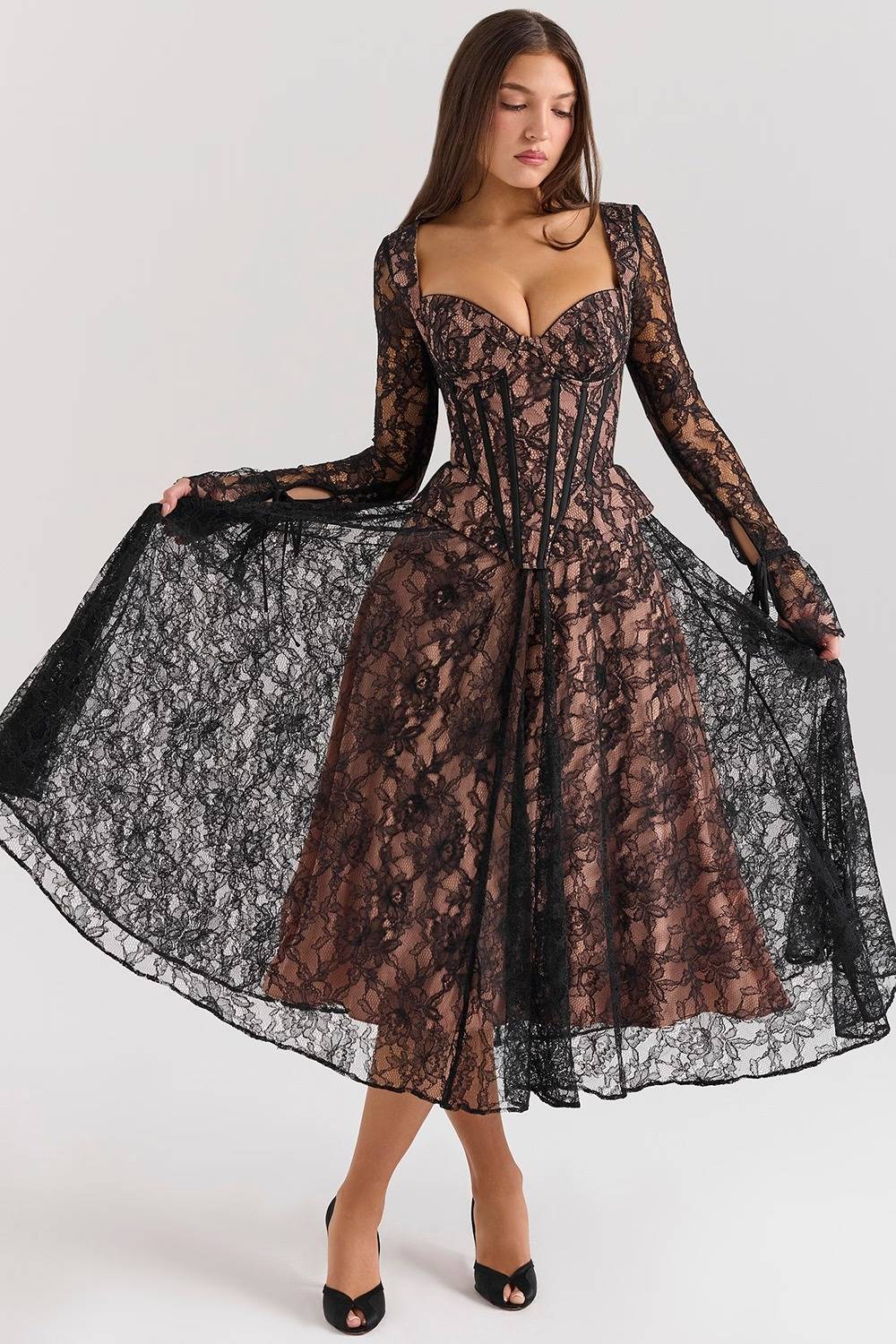 RAQUEL Black Lace Corset Midi Dress  Gemma Chic