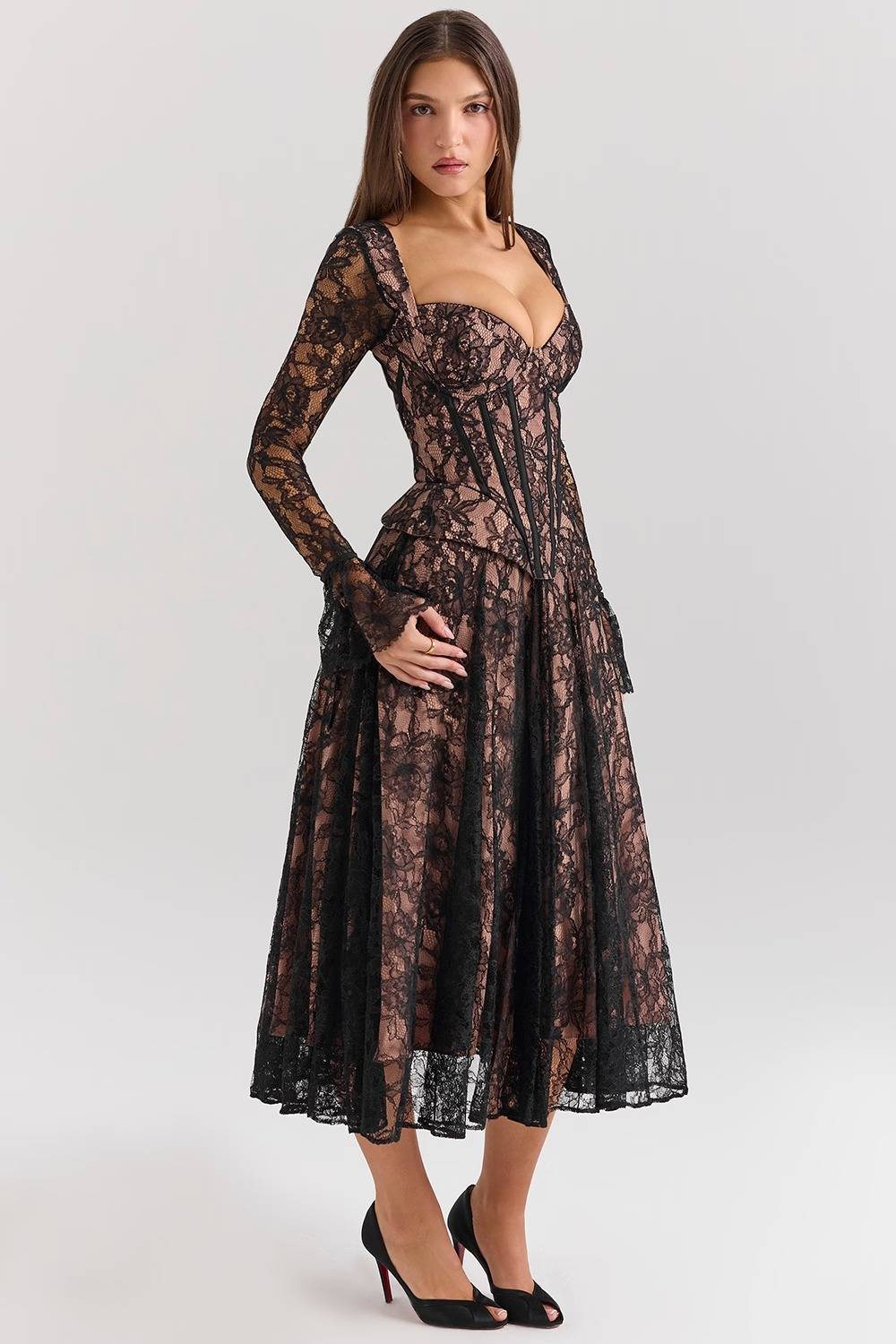 RAQUEL Black Lace Corset Midi Dress  Gemma Chic
