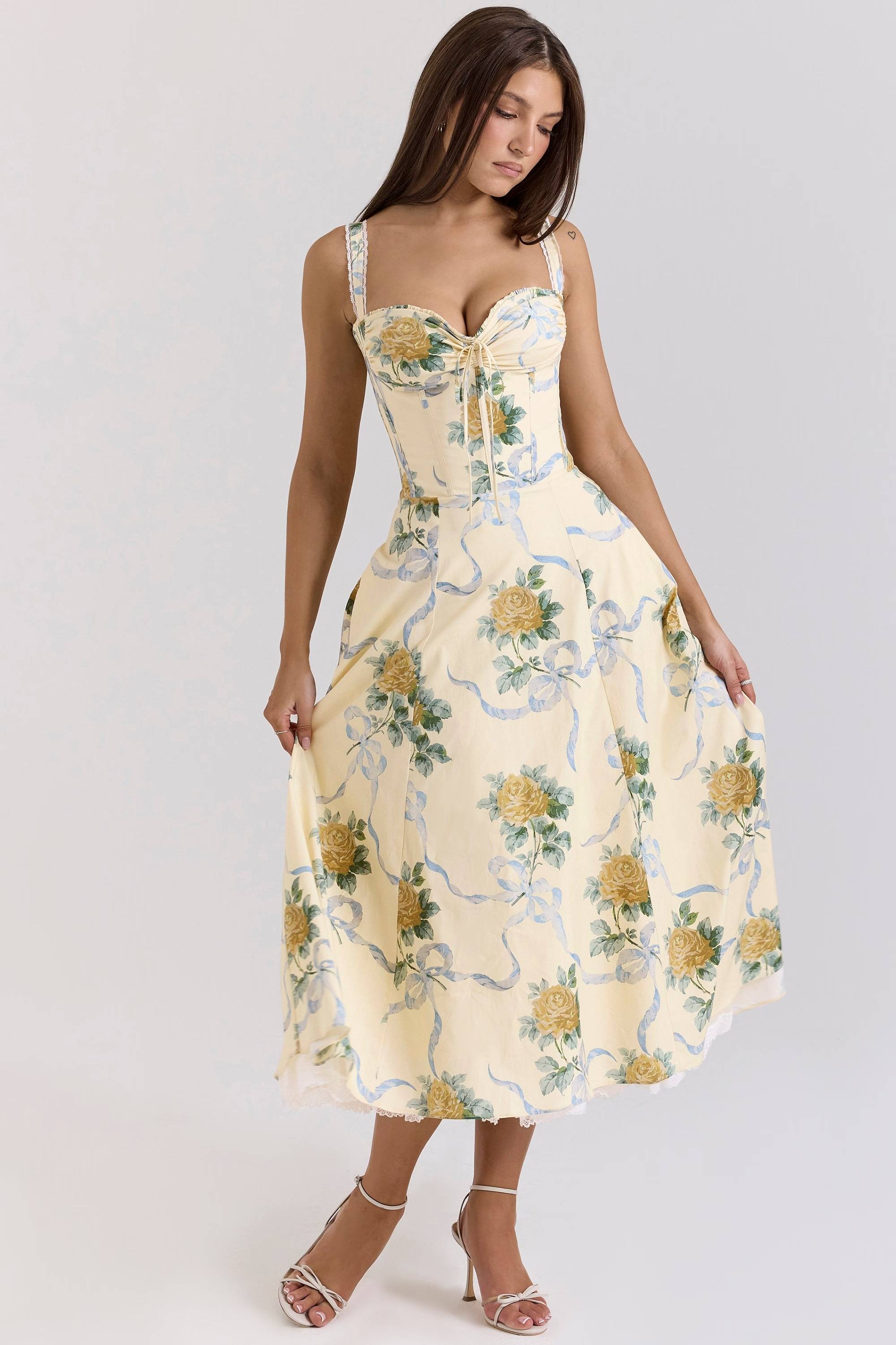 ROSALEE Lemon Vintage Ribbon Print Cotton Midi Dress  Gemma Chic