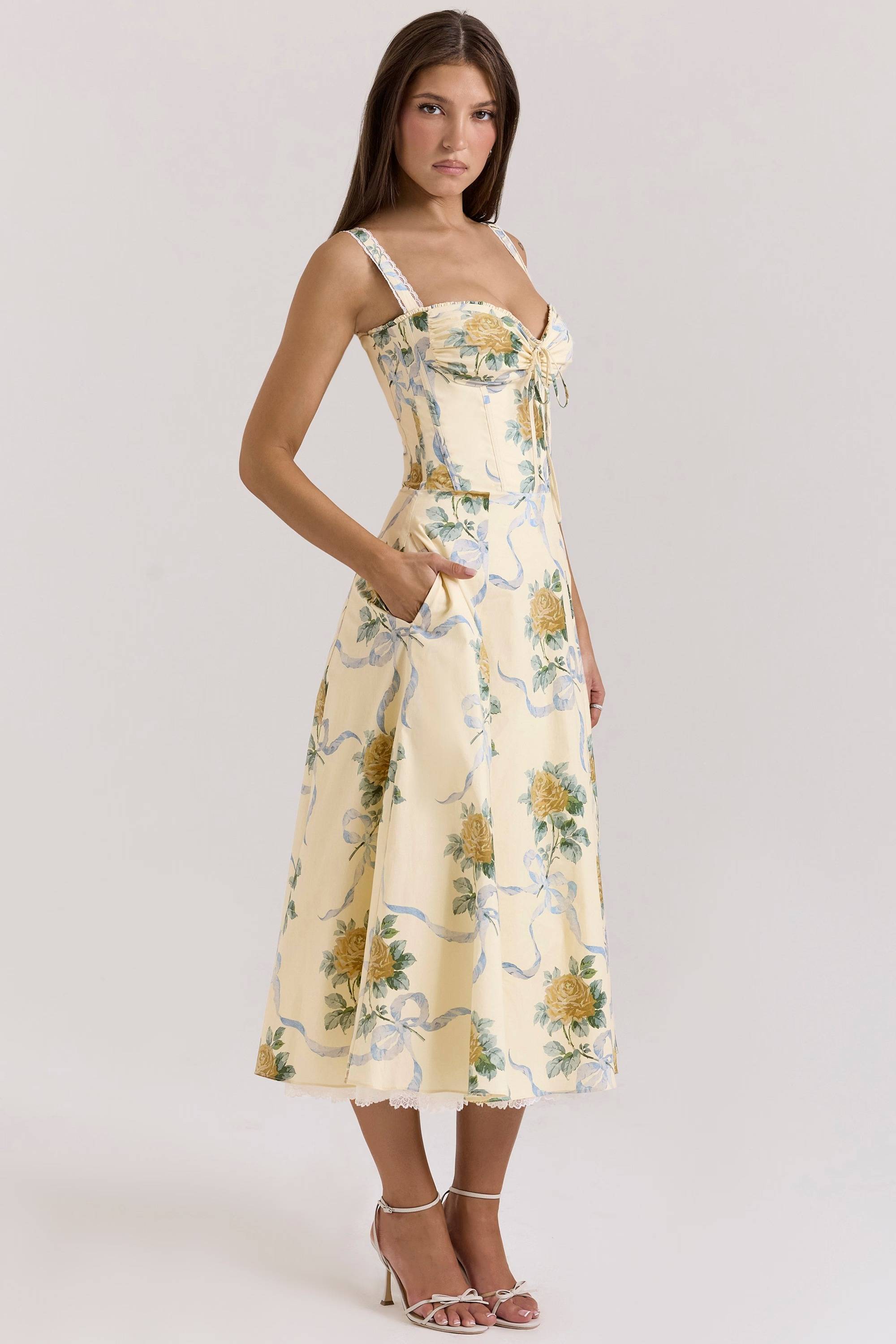 ROSALEE Lemon Vintage Ribbon Print Cotton Midi Dress  Gemma Chic