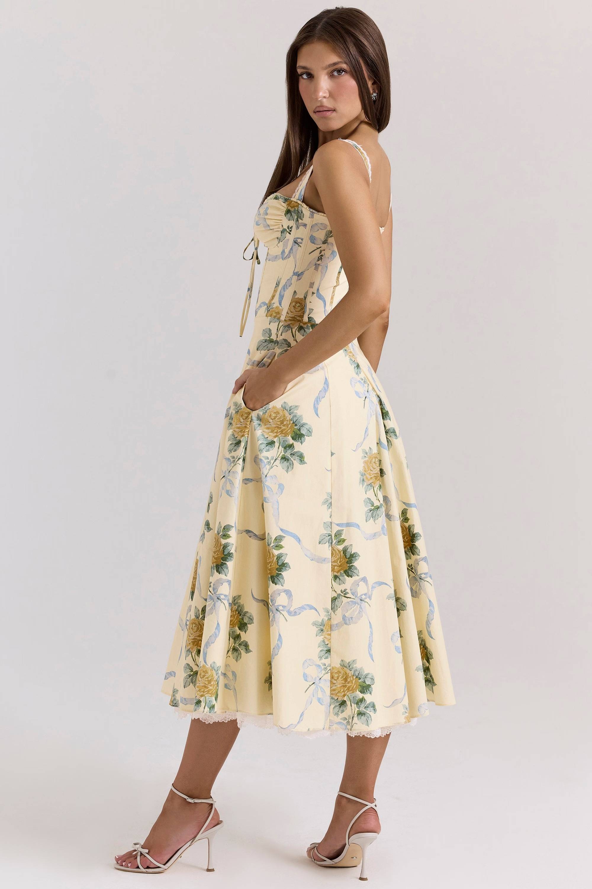 ROSALEE Lemon Vintage Ribbon Print Cotton Midi Dress  Gemma Chic