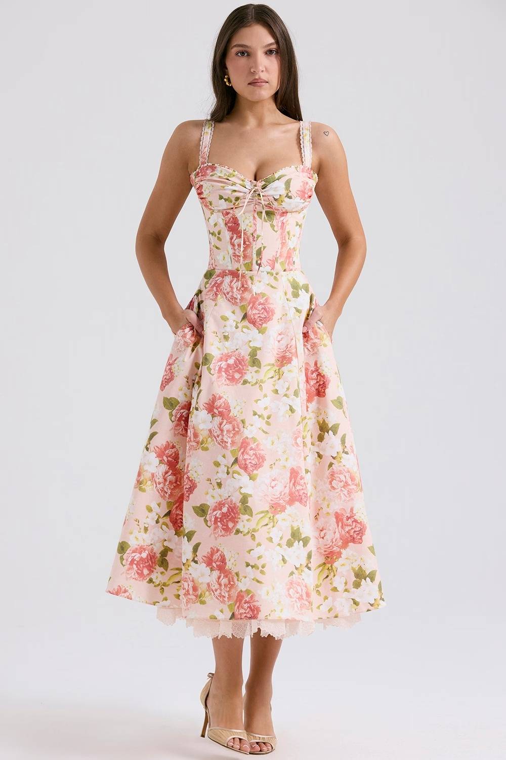 ROSALEE Pink Peony Print Cotton Bustier Sundress  Gemma Chic