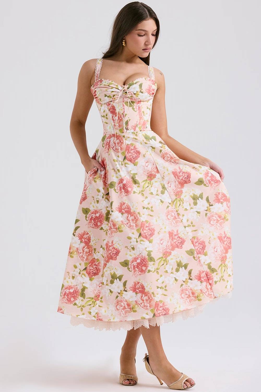 ROSALEE Pink Peony Print Cotton Bustier Sundress  Gemma Chic