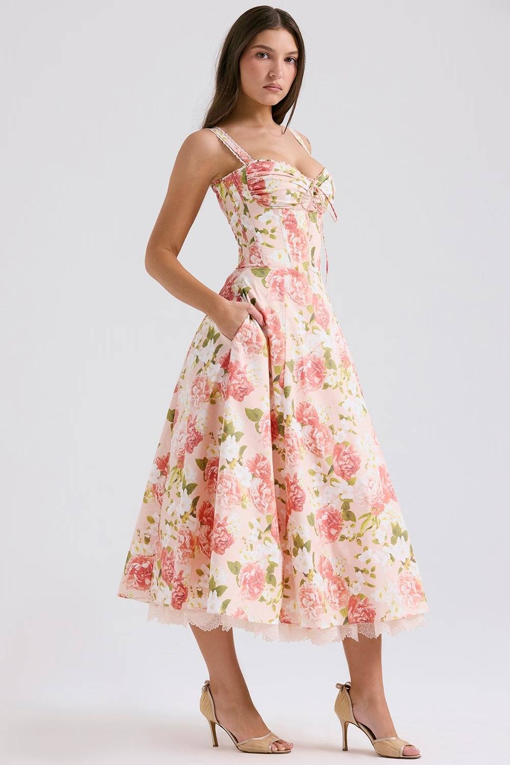 ROSALEE Pink Peony Print Cotton Bustier Sundress  Gemma Chic
