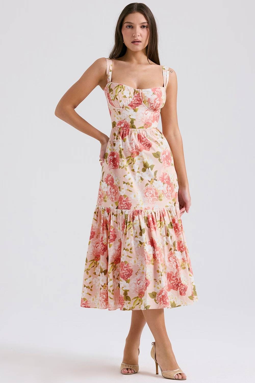ROSALEE Pink Peony Print Cotton Bustier Sundress  Gemma Chic
