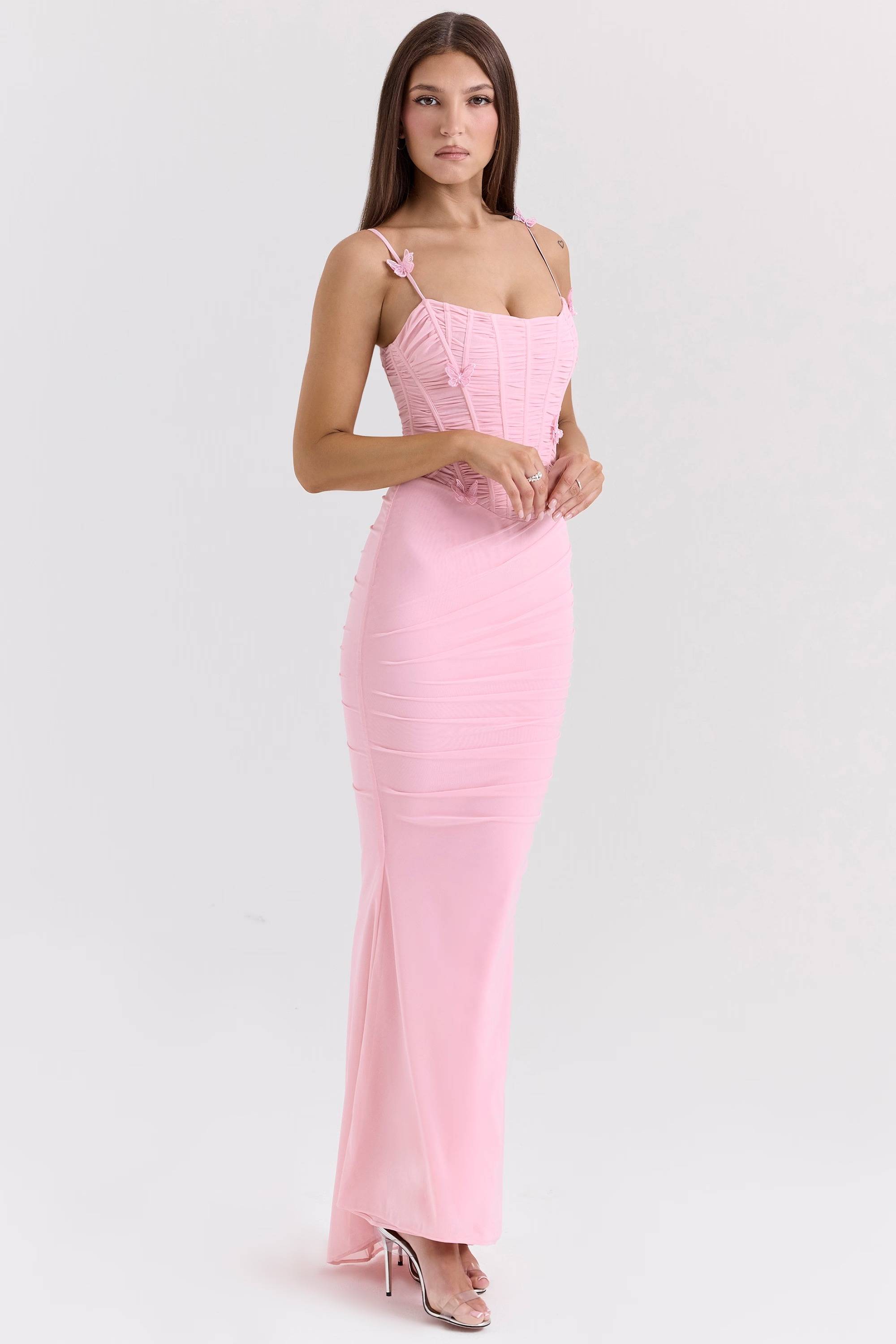 ROMOLA Pink Stretch Mesh Butterfly Maxi Dress  Gemma Chic