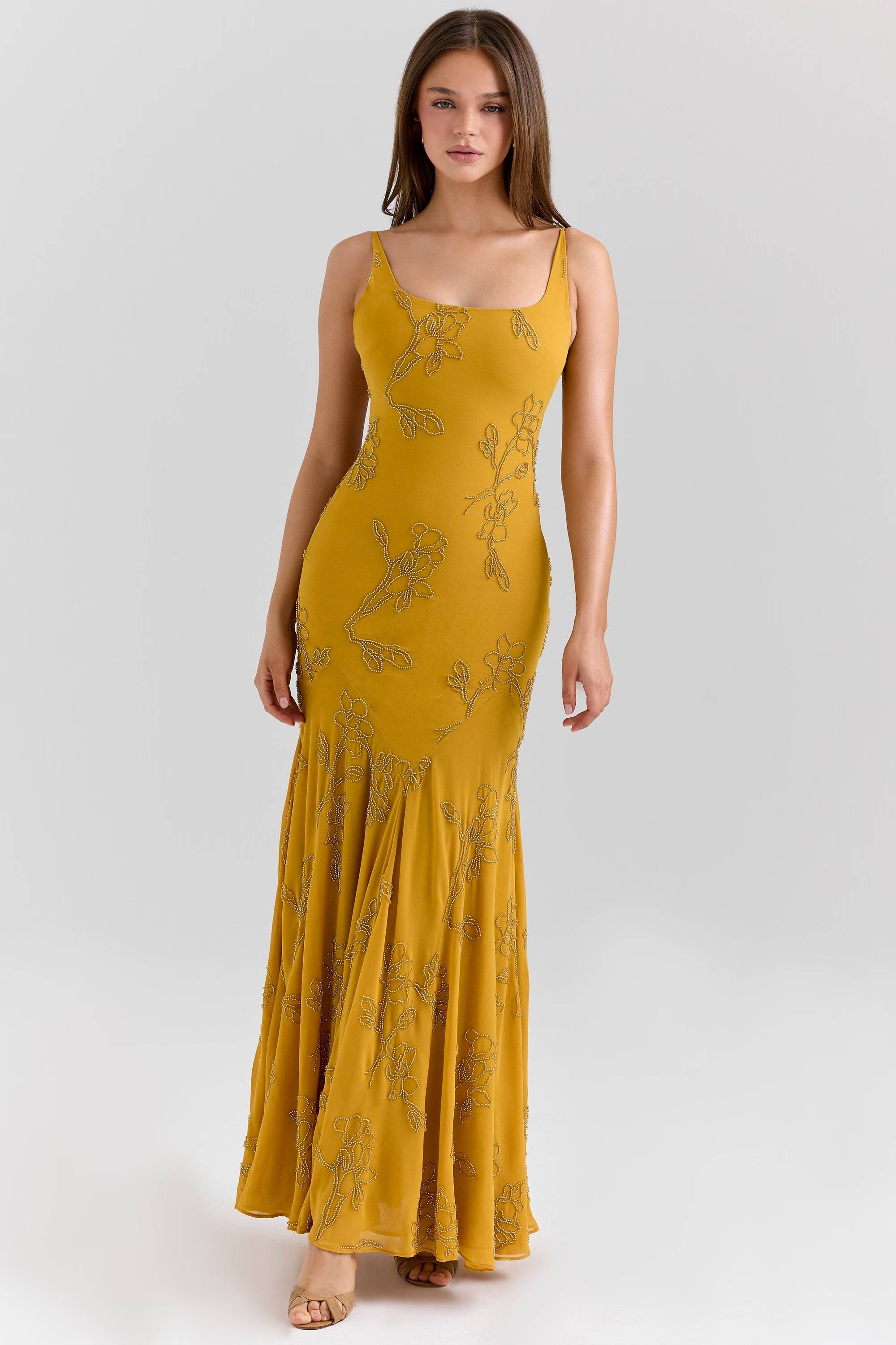 Gold Embellished Hand Beaded Maxi Dress  Gemma Chic