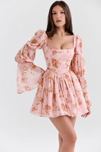SANCIA English Vintage Rose Print Puff Sleeve Mini Dress  Gemma Chic