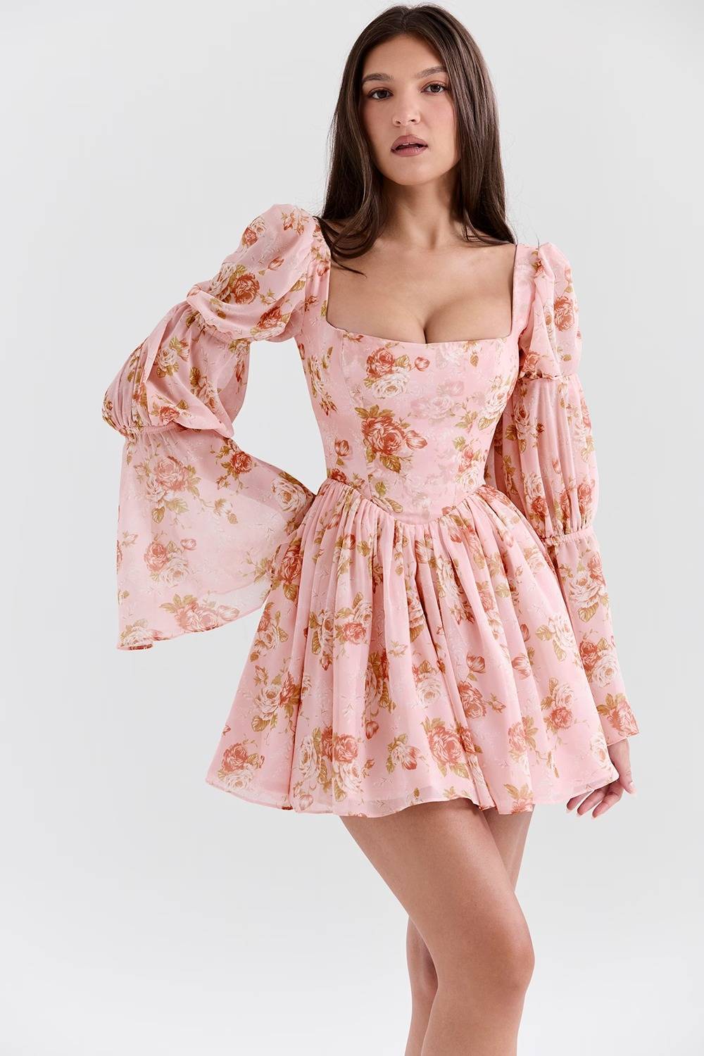 SANCIA English Vintage Rose Print Puff Sleeve Mini Dress  Gemma Chic