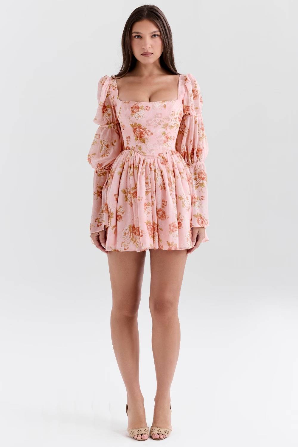SANCIA English Vintage Rose Print Puff Sleeve Mini Dress  Gemma Chic
