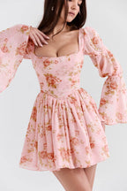 SANCIA English Vintage Rose Print Puff Sleeve Mini Dress  Gemma Chic