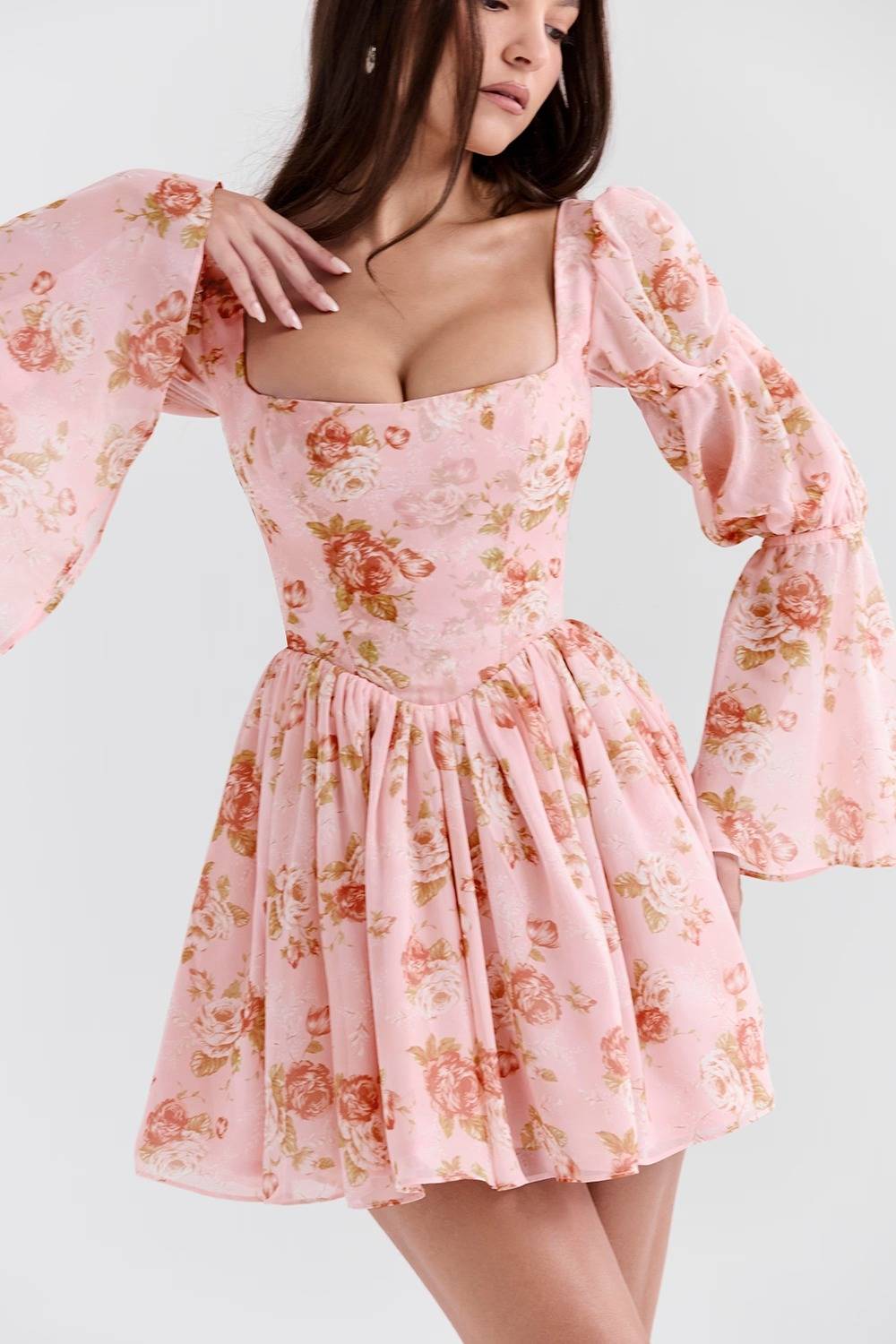SANCIA English Vintage Rose Print Puff Sleeve Mini Dress  Gemma Chic