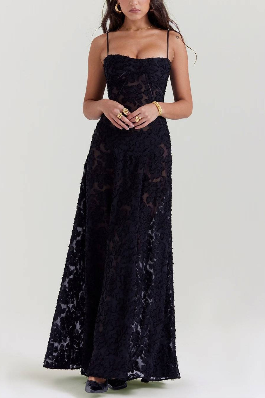 SEREN Black Floral Lace Back Maxi Dress  GEMMACHIC