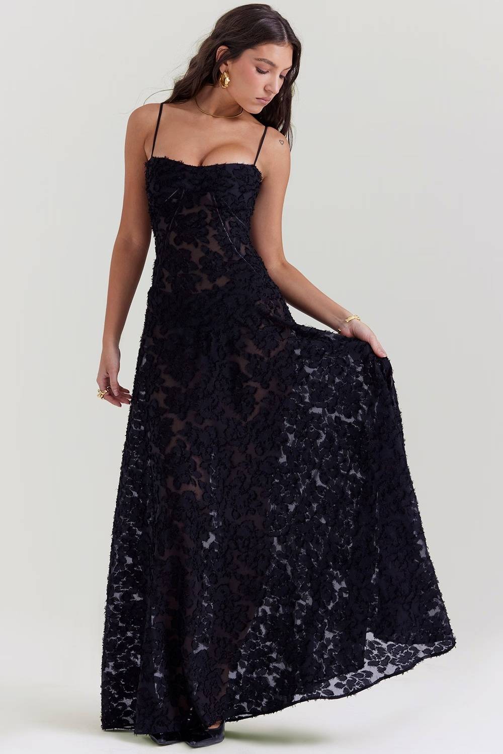 SEREN Black Floral Lace Back Maxi Dress  GEMMACHIC