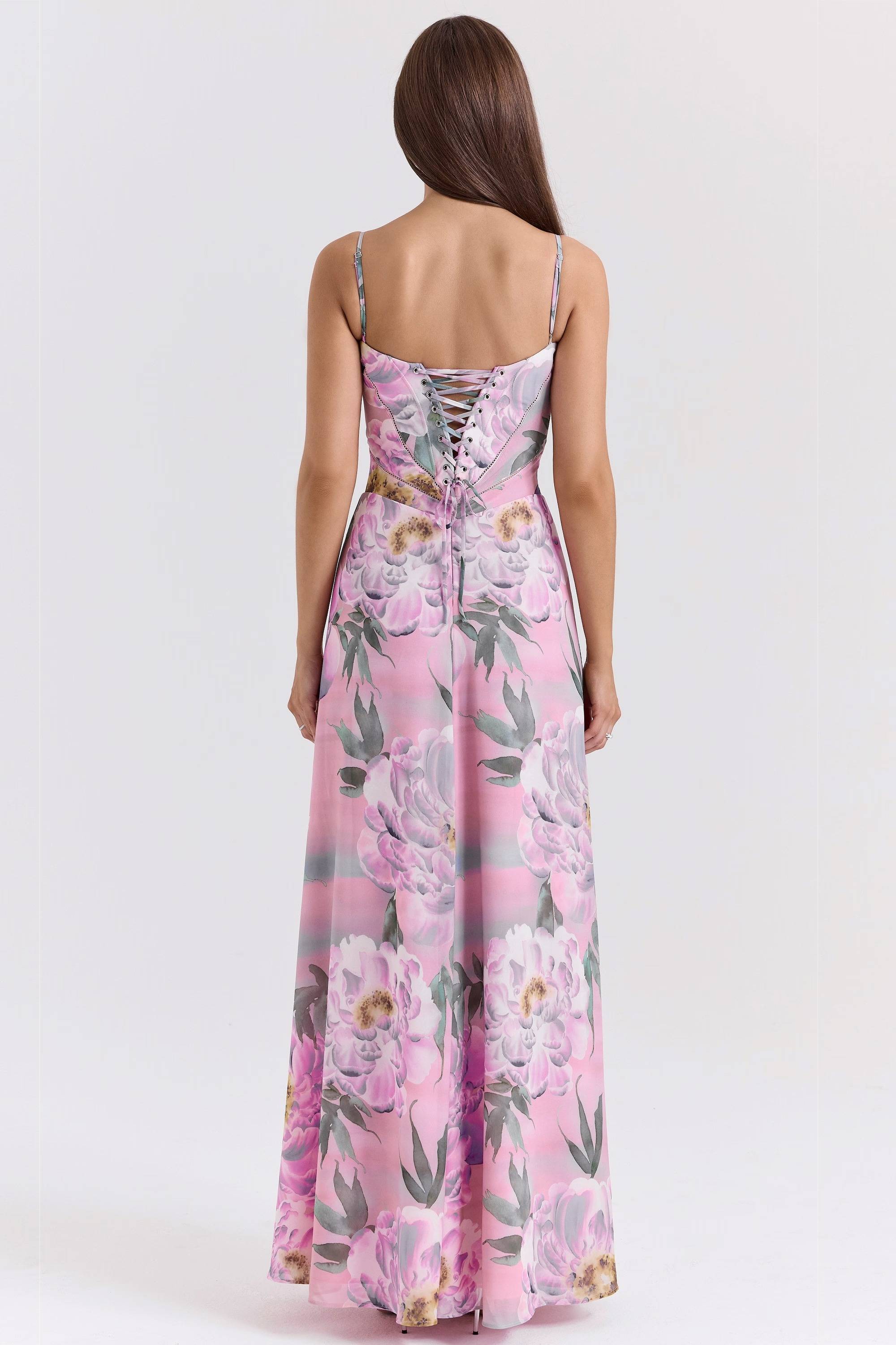 SEREN Pink Floral Print Lace Back Maxi Dress  Gemma Chic
