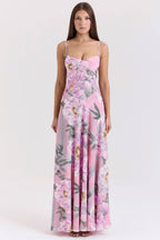 SEREN Pink Floral Print Lace Back Maxi Dress  Gemma Chic