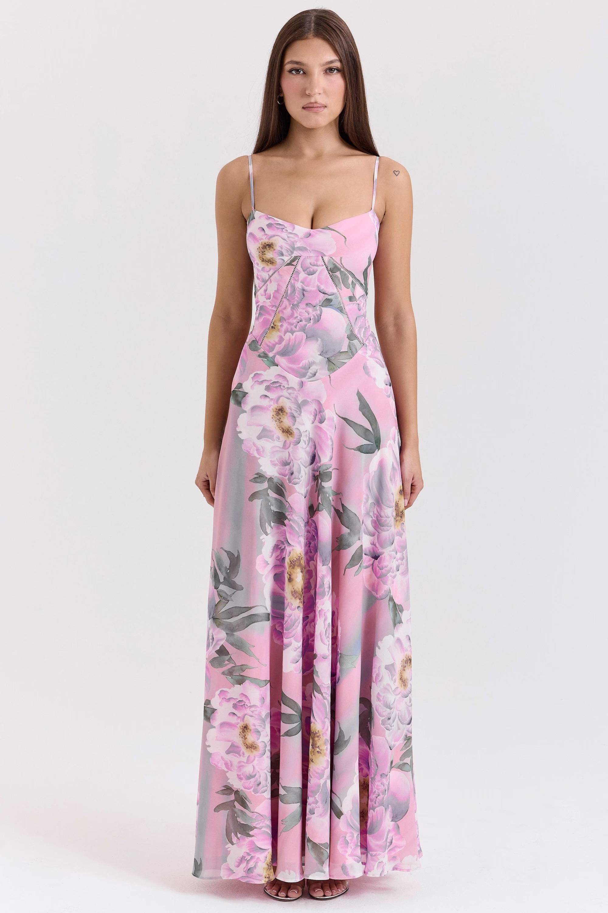 SEREN Pink Floral Print Lace Back Maxi Dress  Gemma Chic