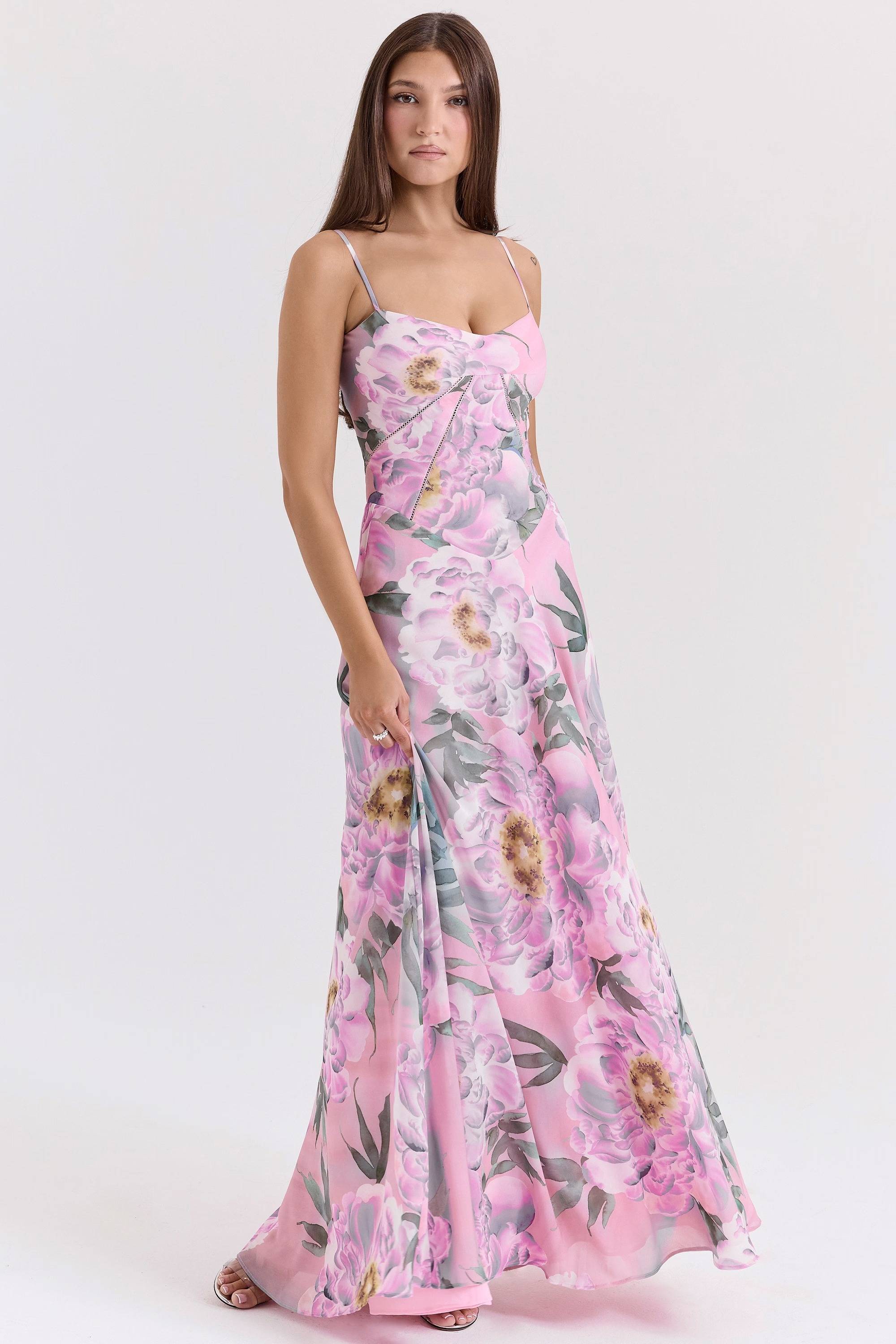 SEREN Pink Floral Print Lace Back Maxi Dress  Gemma Chic
