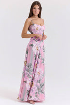SEREN Pink Floral Print Lace Back Maxi Dress  Gemma Chic