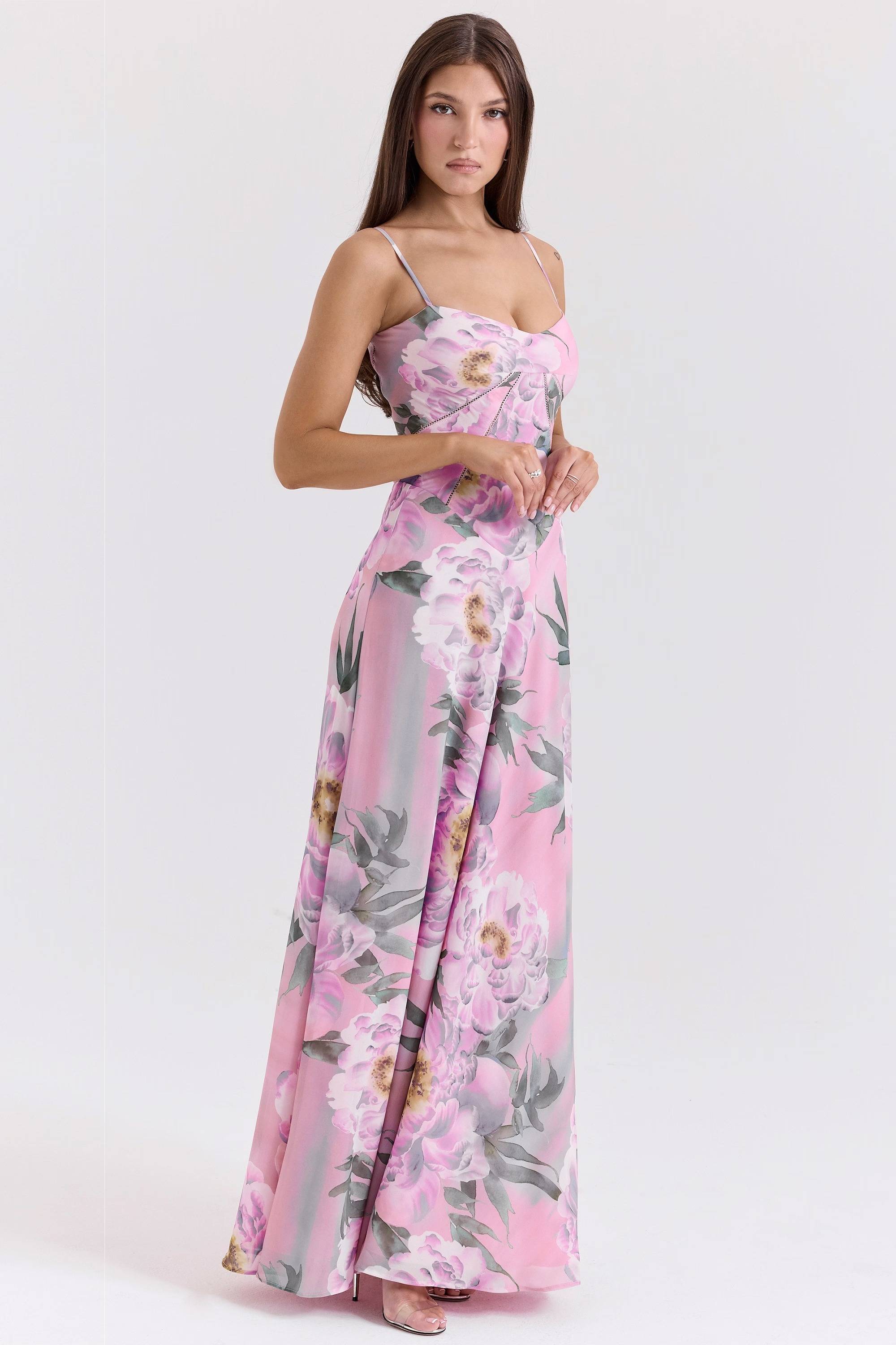SEREN Pink Floral Print Lace Back Maxi Dress  Gemma Chic