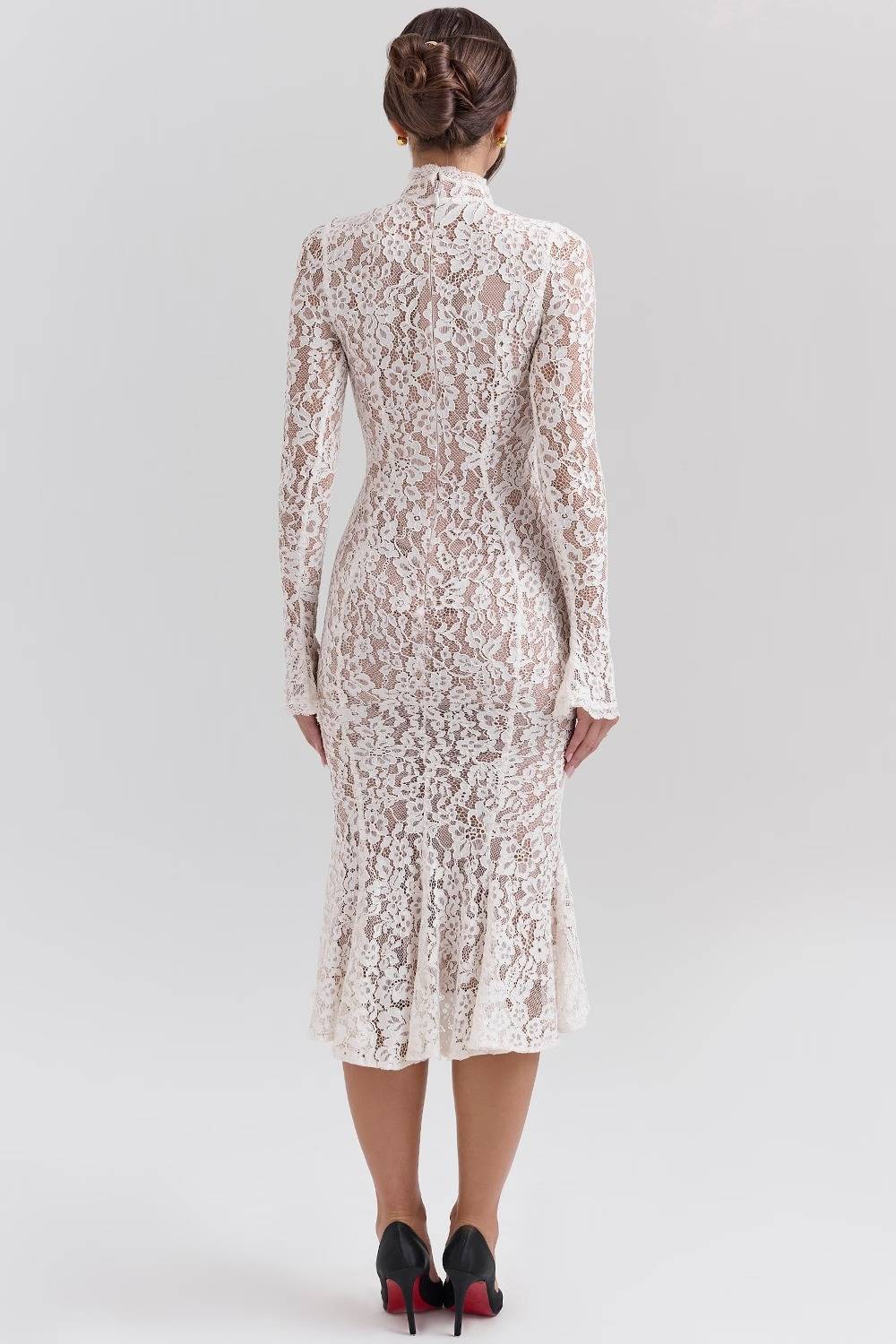 SOPHIA Vintage Ivory Lace Fitted Midi Dress  Gemma Chic