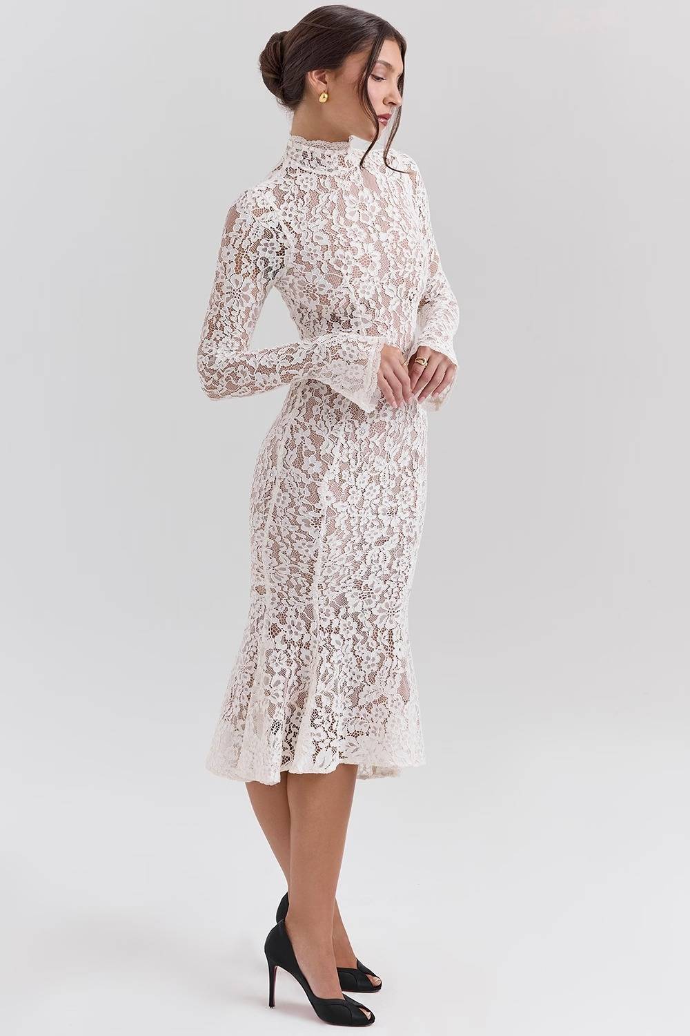SOPHIA Vintage Ivory Lace Fitted Midi Dress  Gemma Chic