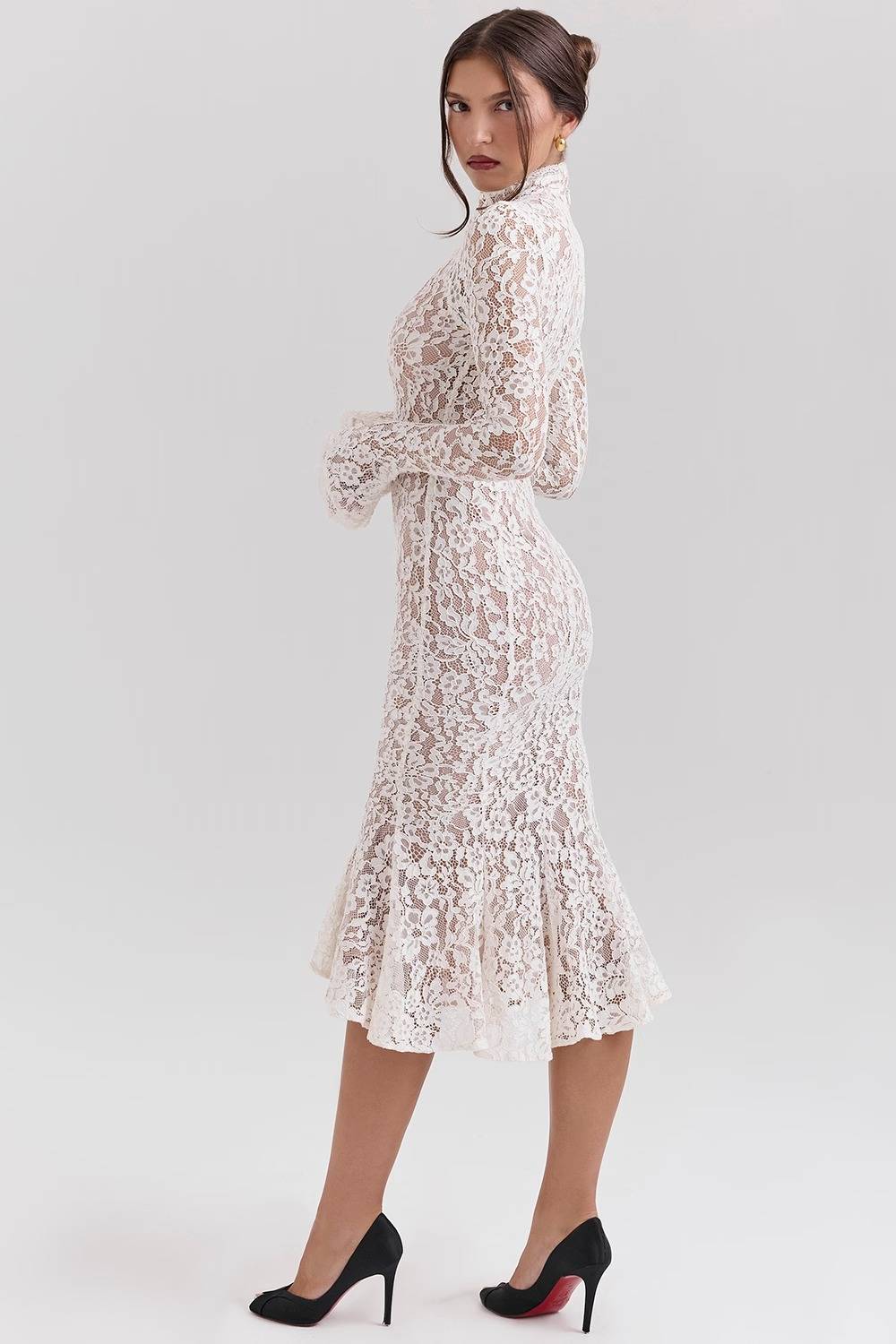 SOPHIA Vintage Ivory Lace Fitted Midi Dress  Gemma Chic