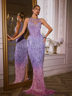 Saelyvira Fringe Rhinestone Maxi Dress In Purple  GEMMACHIC