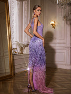 Saelyvira Fringe Rhinestone Maxi Dress In Purple  GEMMACHIC
