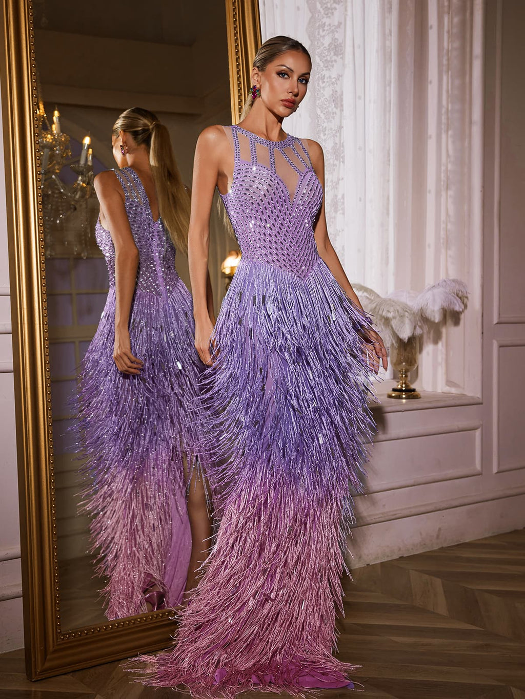 Saelyvira Fringe Rhinestone Maxi Dress In Purple  GEMMACHIC