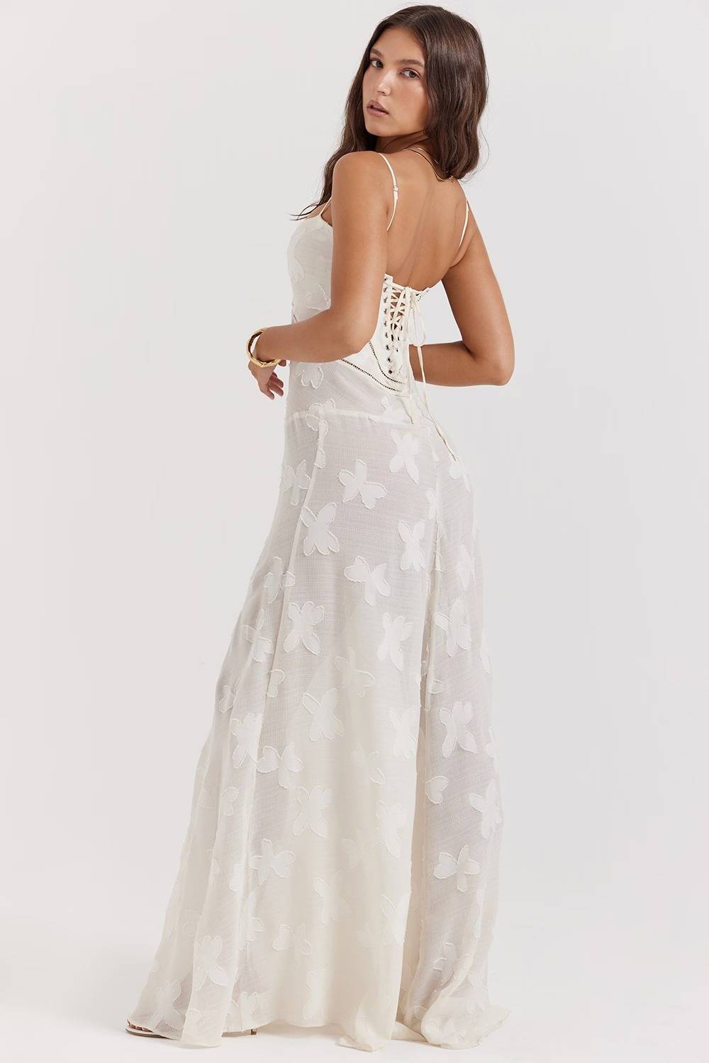 Seren Vintage Cream Floral Lace Back Maxi Dress  Gemma Chic