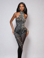 Siesen Cutout Cobweb Rhinestone Mesh Jumpsuit In Black  GEMMACHIC