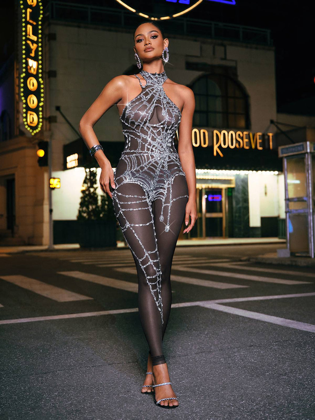 Siesen Cutout Cobweb Rhinestone Mesh Jumpsuit In Black  GEMMACHIC