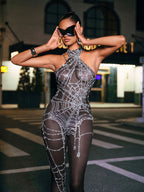 Siesen Cutout Cobweb Rhinestone Mesh Jumpsuit In Black  GEMMACHIC