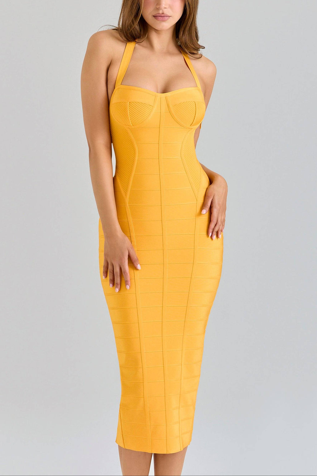 THE SCULPT Orange Sherbet Midi Bandage Dress  GEMMACHIC