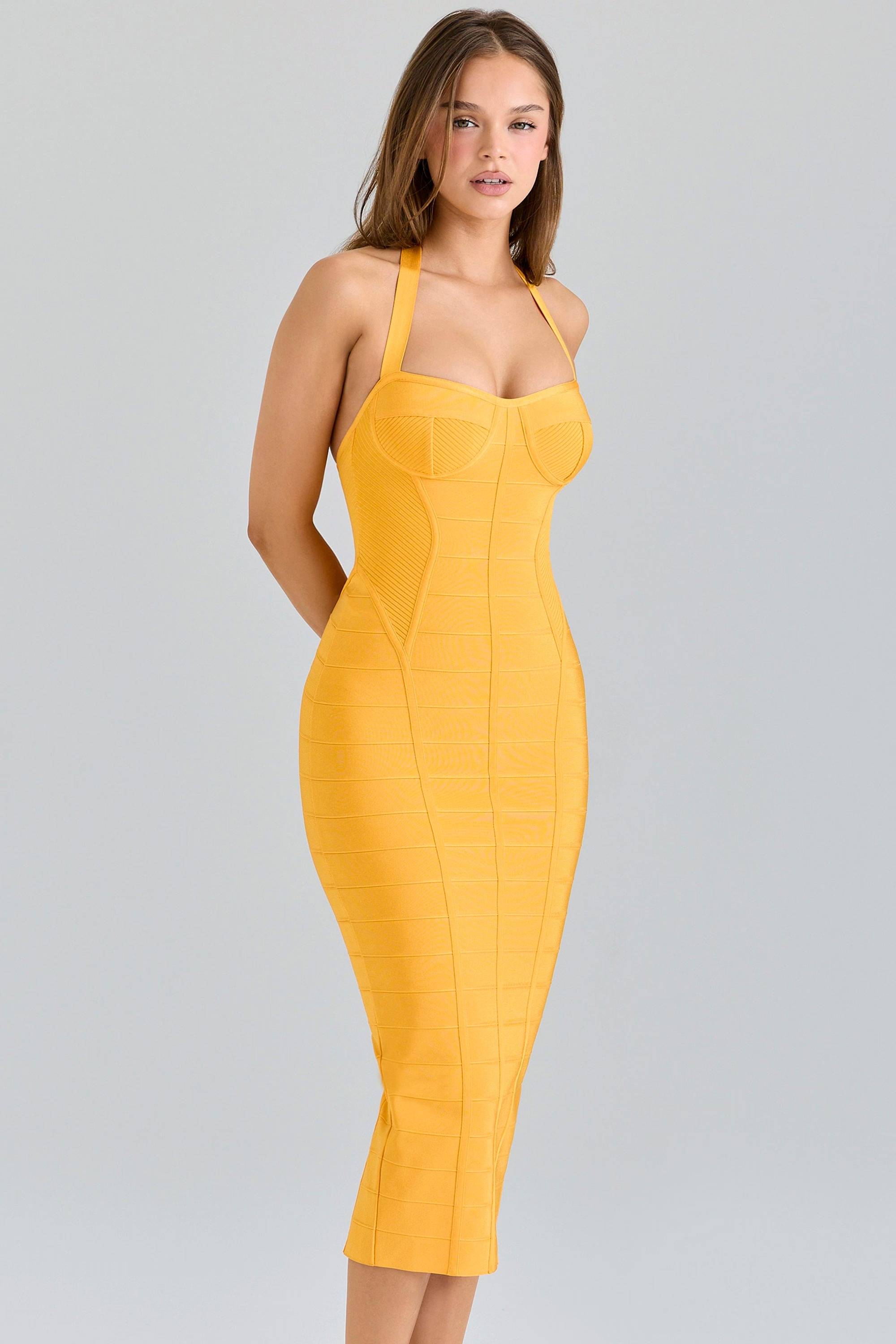 THE SCULPT Orange Sherbet Midi Bandage Dress  GEMMACHIC