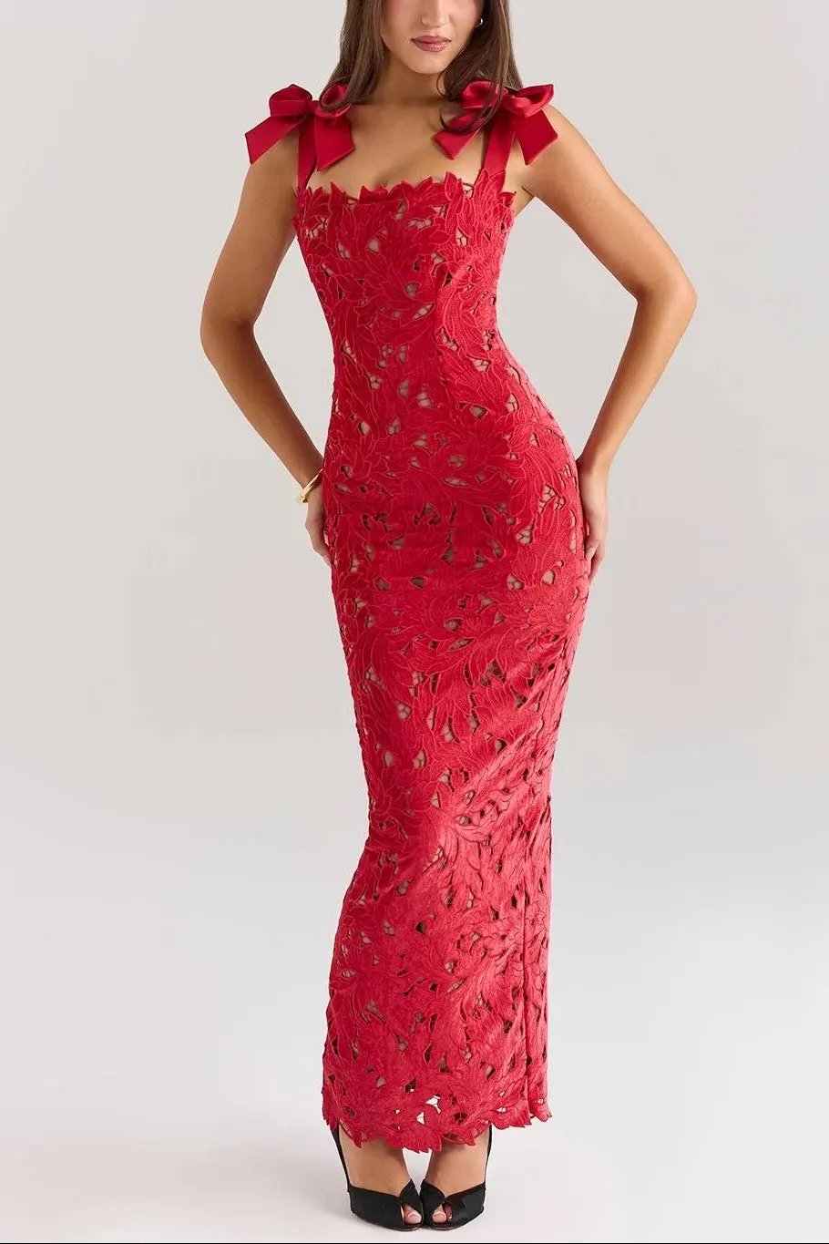 TIFF Holly Red Velvet Lace Maxi Dress  GEMMACHIC