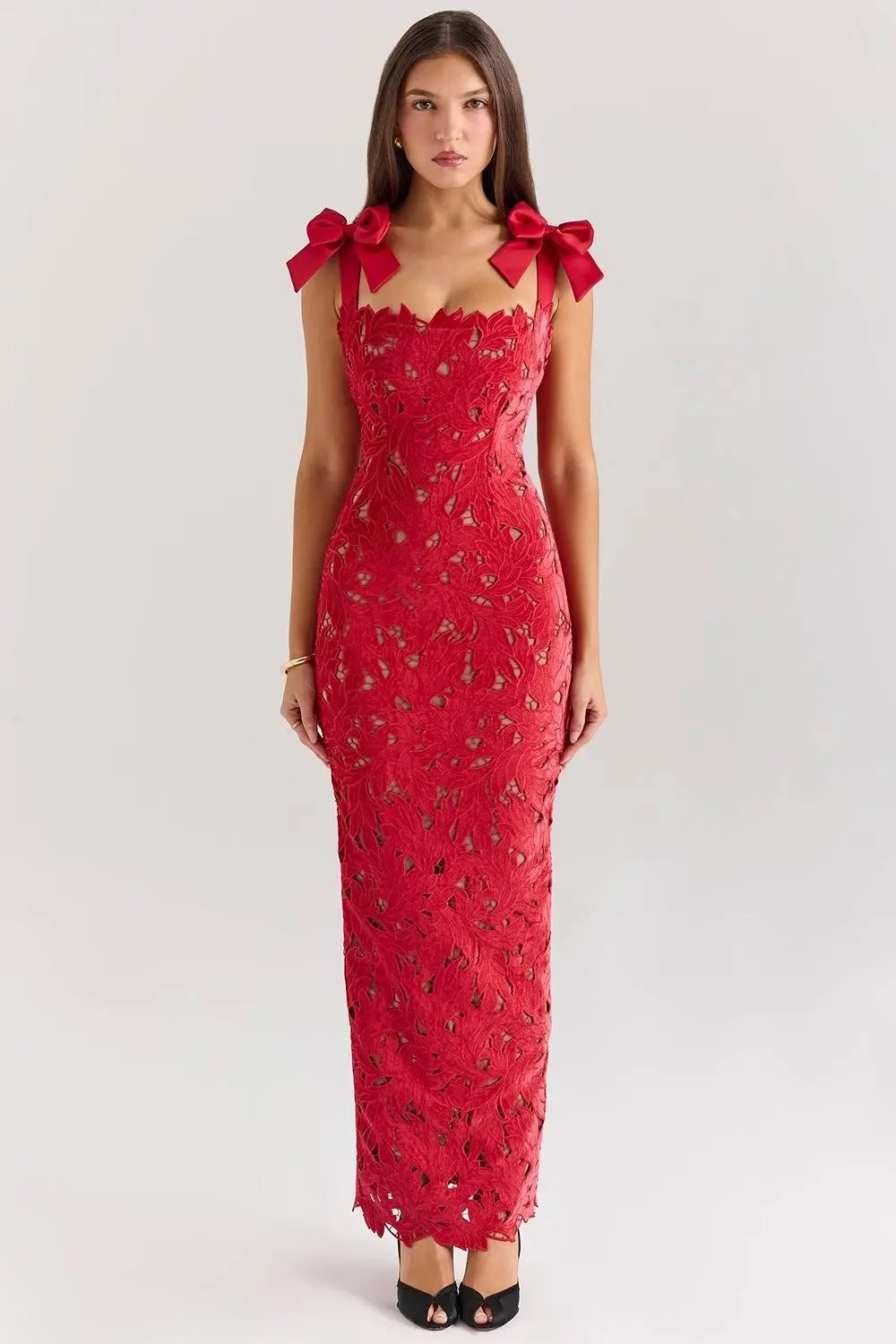 TIFF Holly Red Velvet Lace Maxi Dress  GEMMACHIC