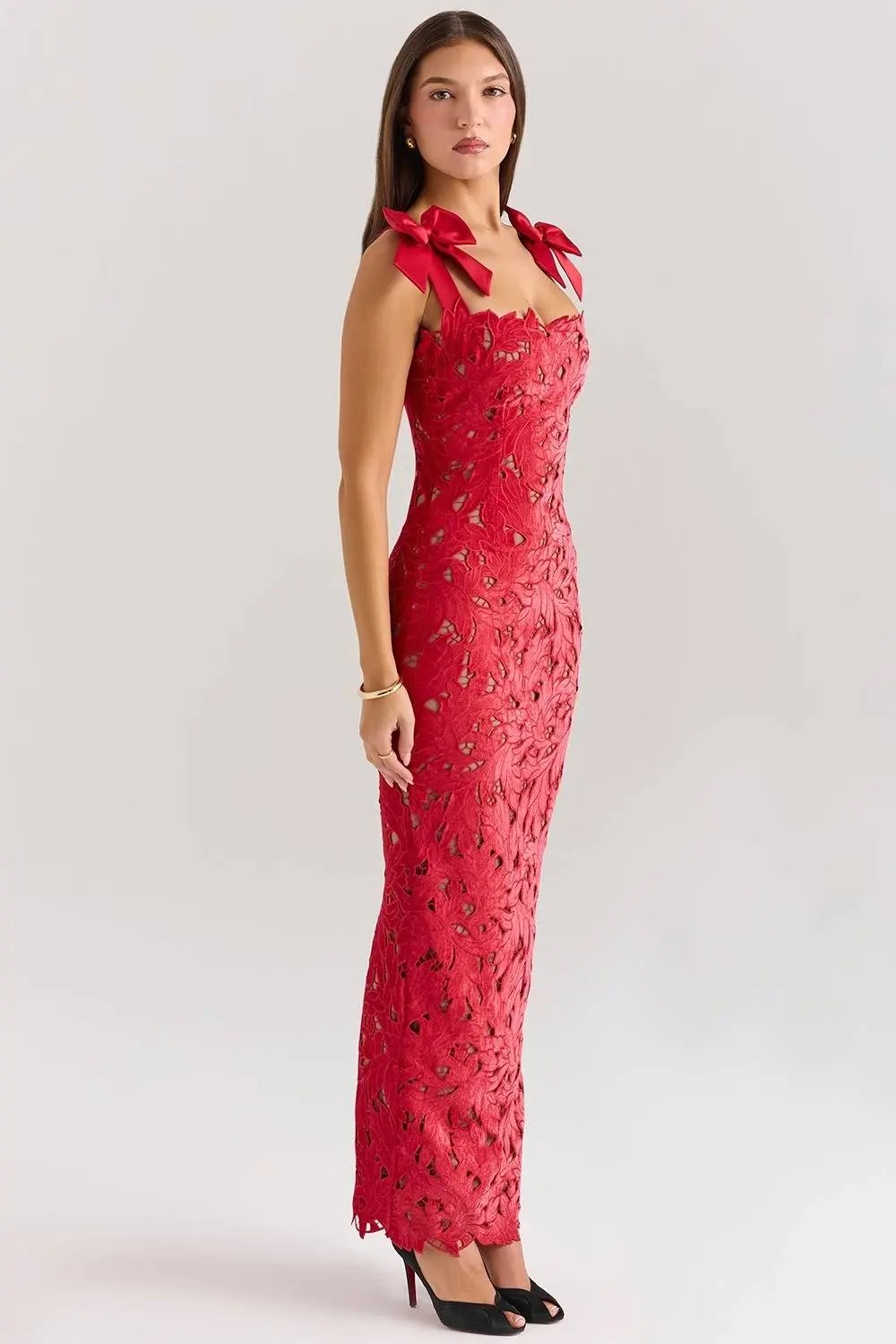 TIFF Holly Red Velvet Lace Maxi Dress  GEMMACHIC