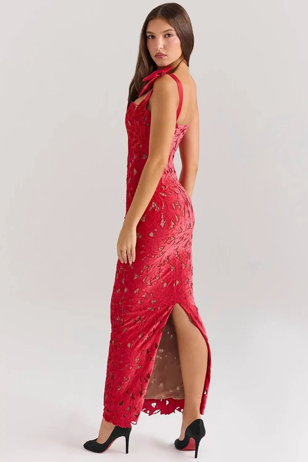 TIFF Holly Red Velvet Lace Maxi Dress  GEMMACHIC