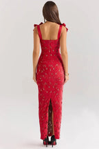 TIFF Holly Red Velvet Lace Maxi Dress  GEMMACHIC