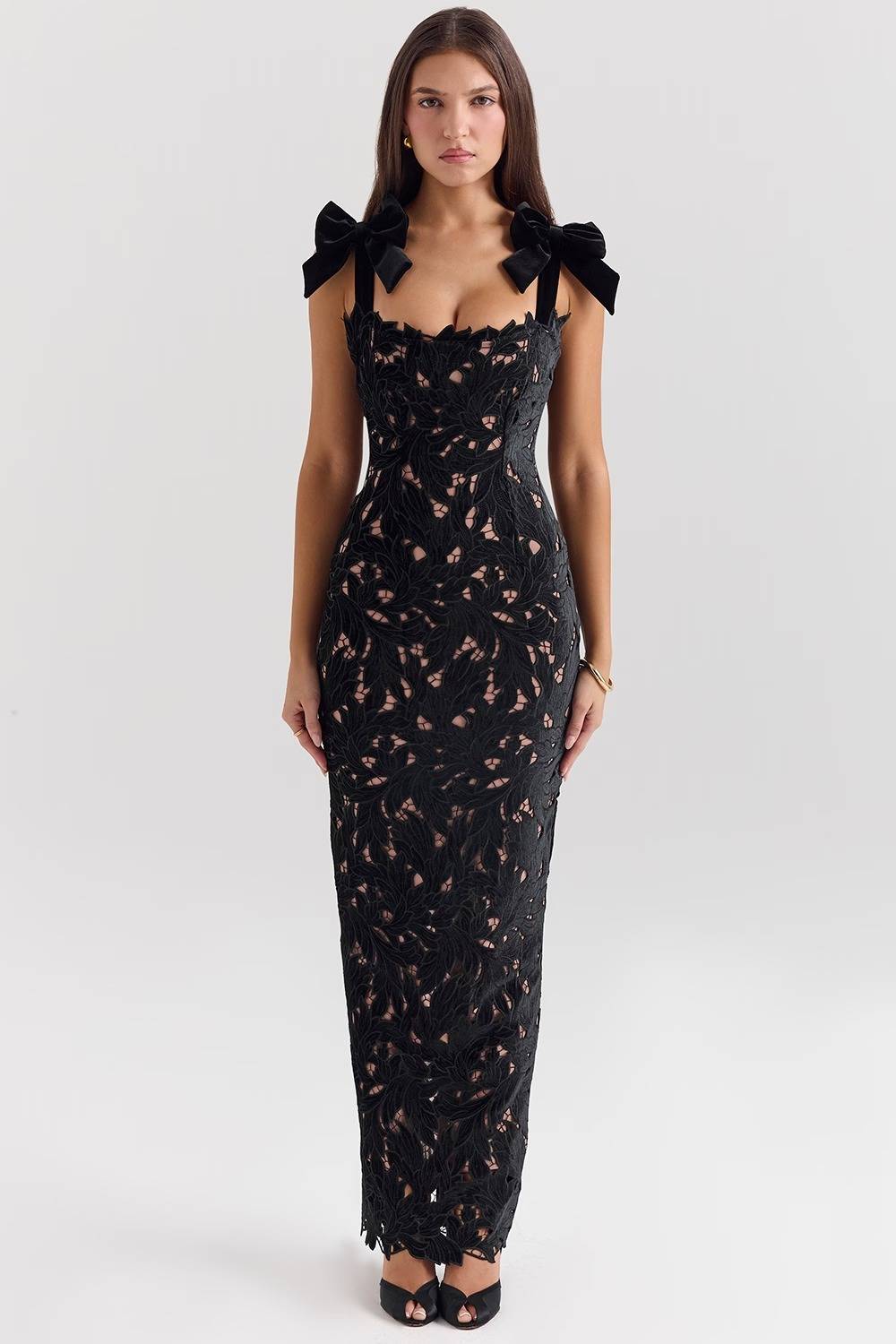 Tiff Black Velvet Lace Maxi Dress  Gemma Chic