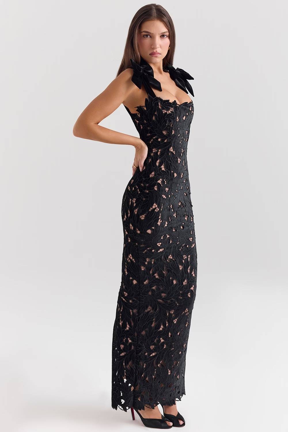 Tiff Black Velvet Lace Maxi Dress  Gemma Chic