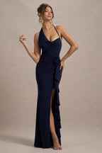 Lucena | Navy Cowl-Neck Wrap Maxi Dress With Floral Drape  Gemma Chic